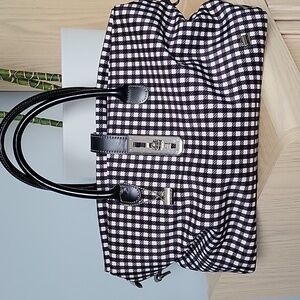 La Bagagerie Brown and White Gingham Nylon Satchel w Crossbody Strap